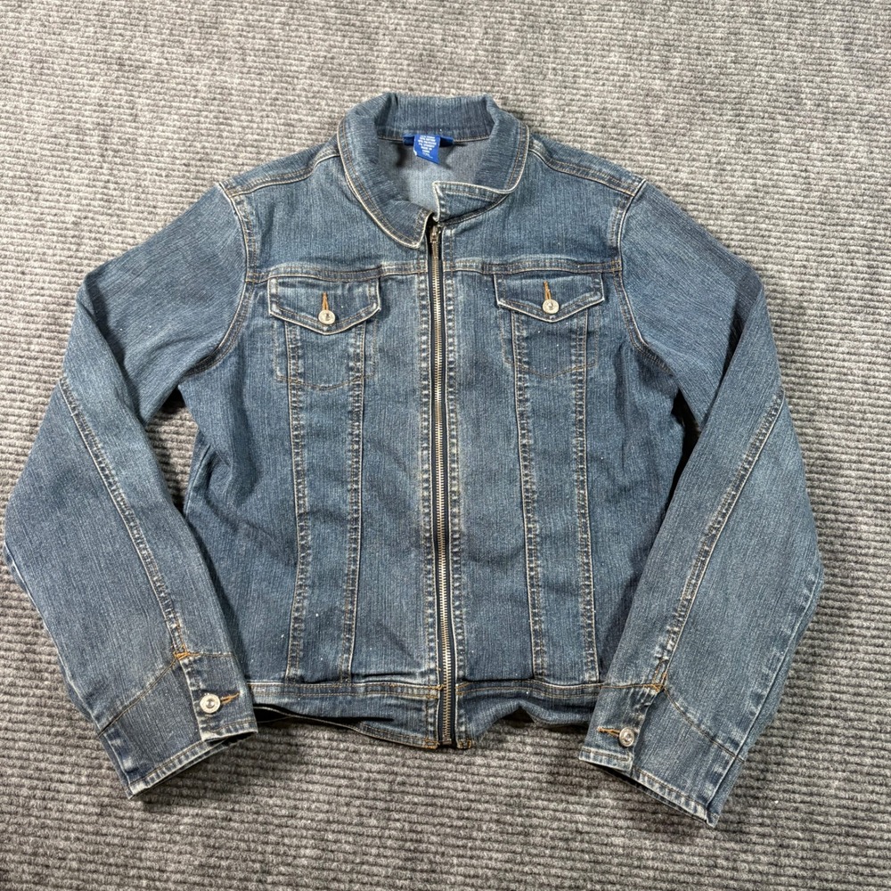 Limited Too Kids XXL Blue Denim Zip Up Jacket Medium Wash Mock Neck Stretch Y2K